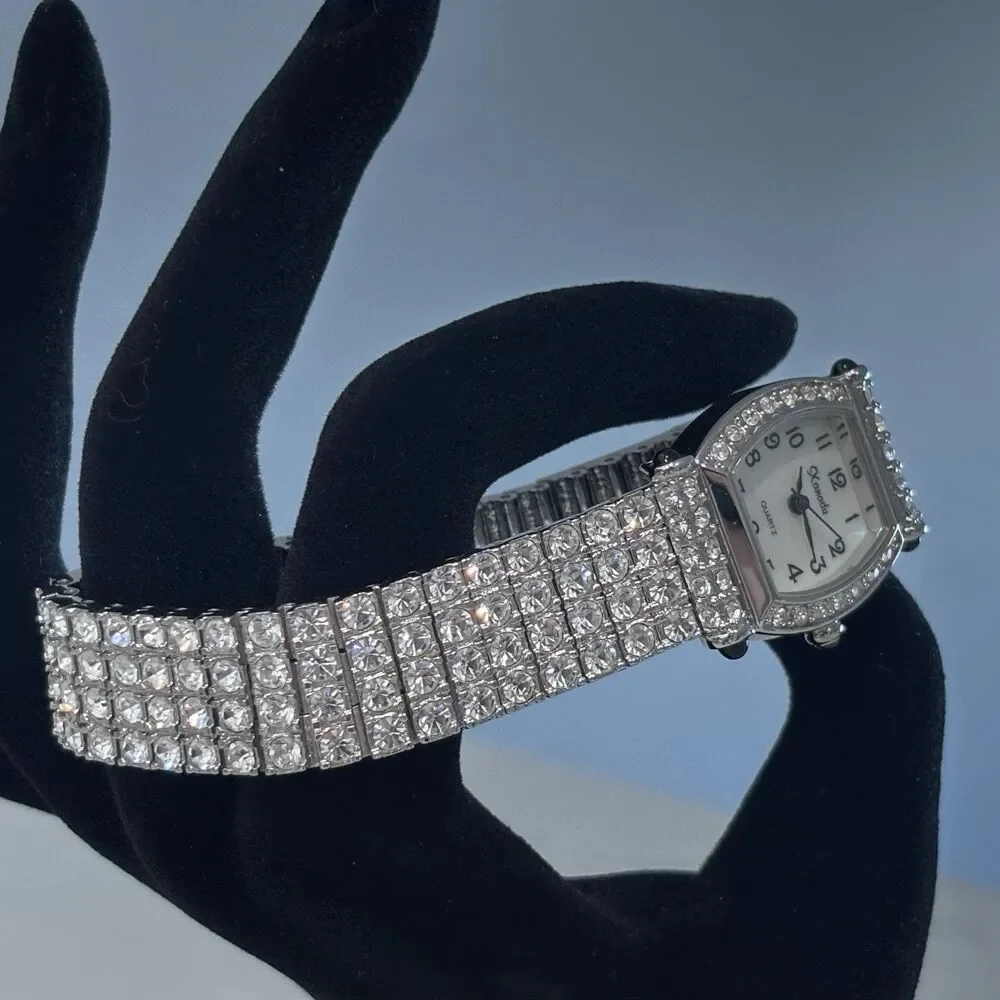 Vintage Xanadu Watch Rhinestone Silver Tone Bracelet MOP Needs Battery 6.75